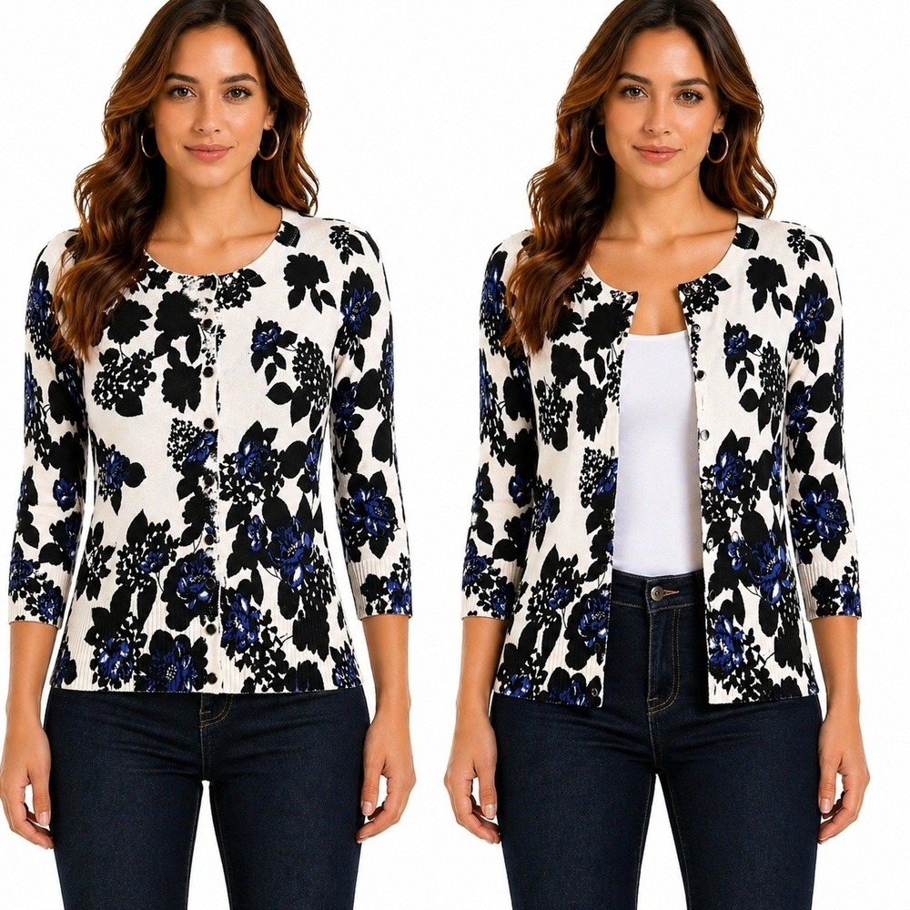 White House Black Market Cardigan Women Small Floral Blue Black White 3/4 Sleeve